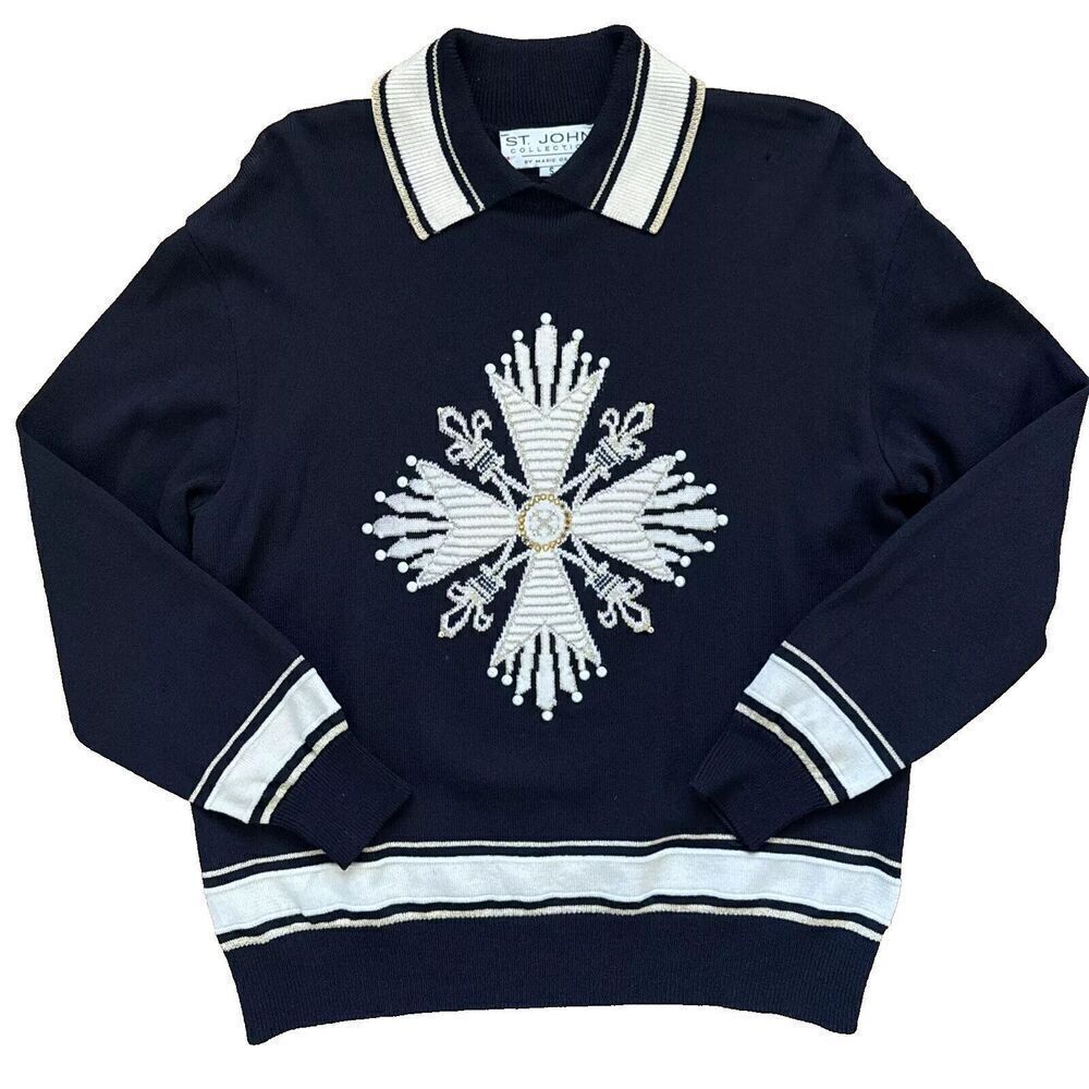 Vtntage St John Collection Marie Gray Knit Star Sweater Holiday Small Navy
